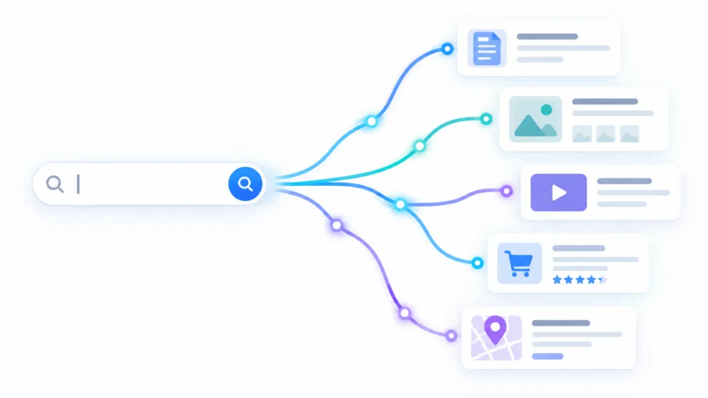 Illustration of a search query branching into multiple AI-generated search paths and diverse result types, representing Google query fan-out for SEO.