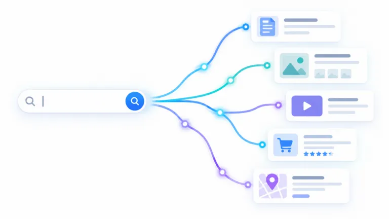 Illustration of a search query branching into multiple AI-generated search paths and diverse result types, representing Google query fan-out for SEO.