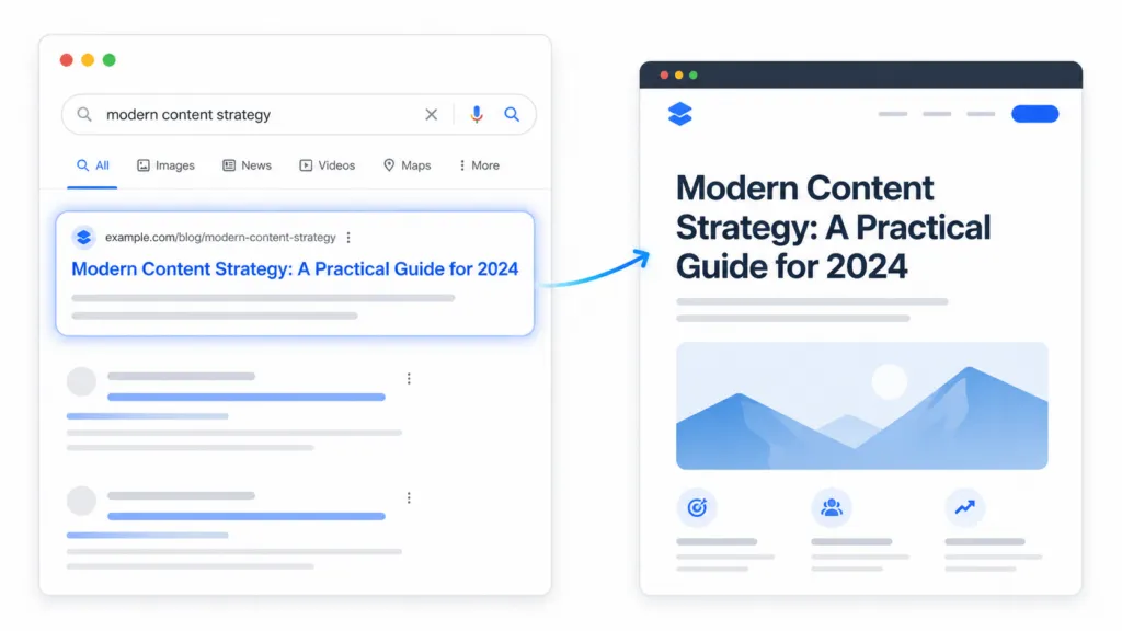 SEO title optimization showing a search result title and matching webpage H1 headline.