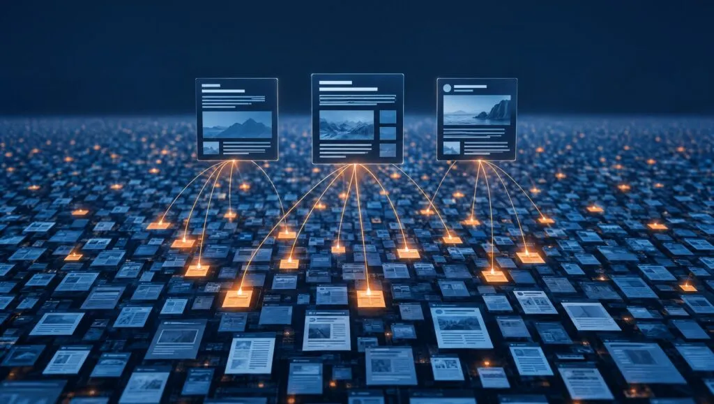 Illustration of a vast field of web pages, a few lit orange and linked by threads to three AI answer panels