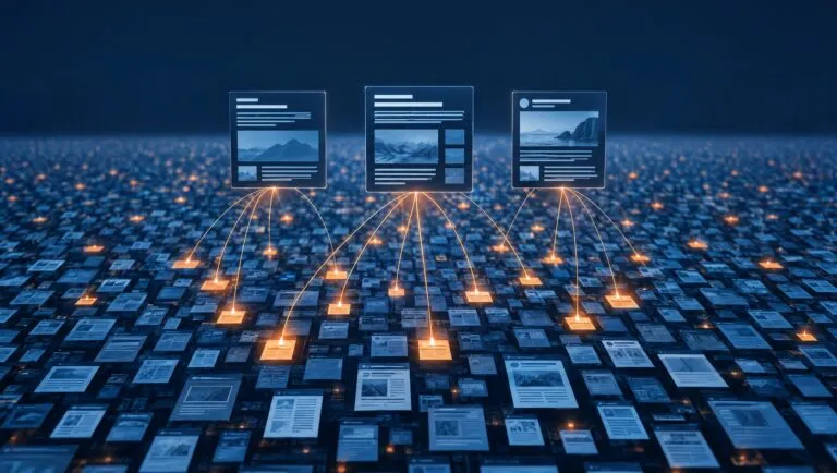 Illustration of a vast field of web pages, a few lit orange and linked by threads to three AI answer panels