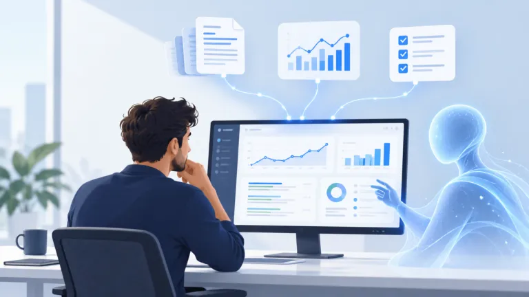 Human SEO specialist working with AI on an SEO analytics dashboard