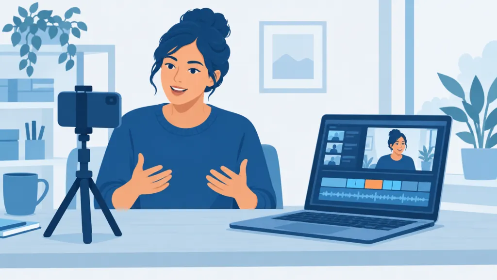 Flat illustration of a woman recording herself on a phone on a tripod, beside a laptop showing the video being edited