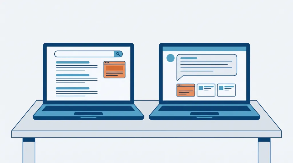 Flat illustration of two laptops on a desk, one showing search results and one an AI answer, sharing one orange page