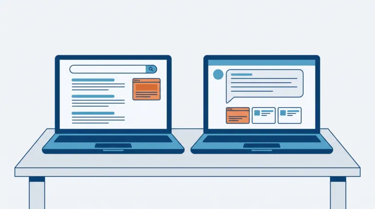 Flat illustration of two laptops on a desk, one showing search results and one an AI answer, sharing one orange page