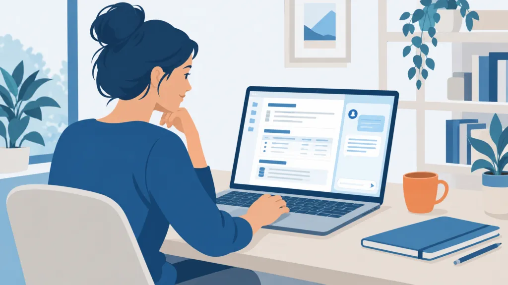 Flat illustration of a business owner at a home-office desk, laptop showing one organized workspace beside an AI chat panel