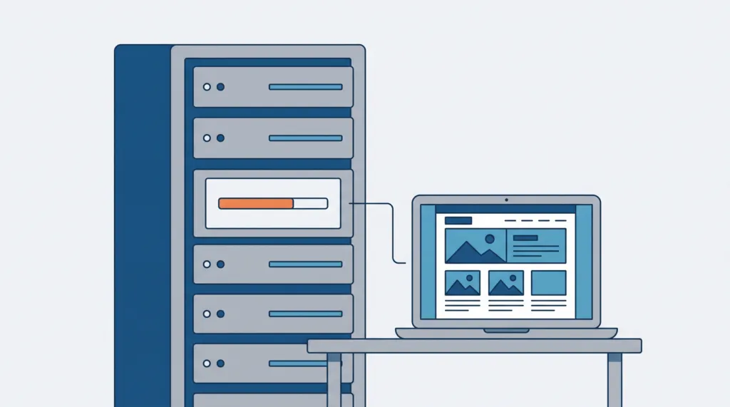 Flat illustration of a server rack, one unit showing an update progress bar, wired to a laptop displaying a website