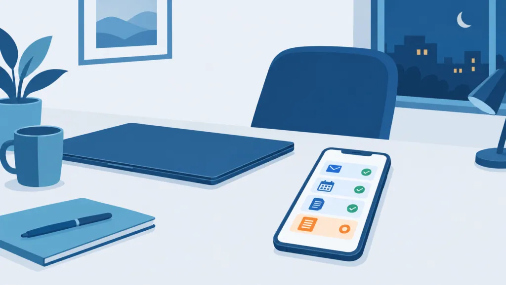 Flat illustration of an empty desk with a closed laptop and a phone showing finished tasks and one item awaiting approval