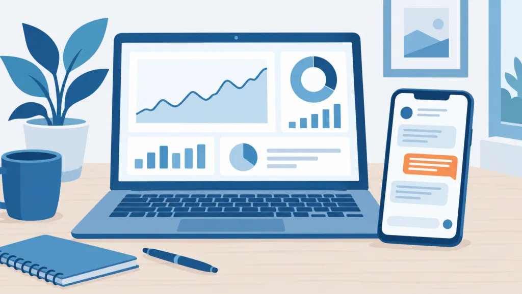 Flat illustration of a desk with a laptop showing a website traffic dashboard beside a phone open to an AI chat
