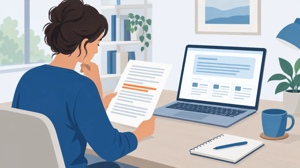 Flat illustration of a business owner reading a policy with one rule highlighted, laptop showing an AI answer with sources