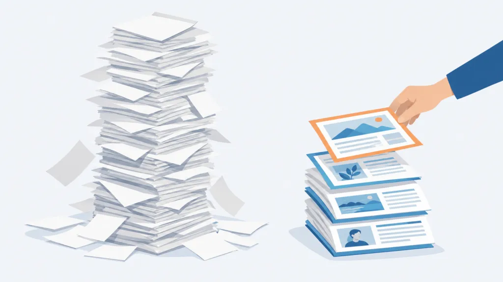 Flat illustration of a towering pile of identical blank pages beside a small, neat stack of distinct, useful pages