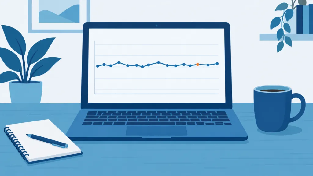 Flat illustration of a laptop on a home-office desk showing a mostly level search traffic line chart