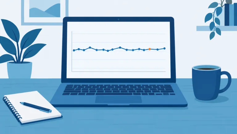 Flat illustration of a laptop on a home-office desk showing a mostly level search traffic line chart