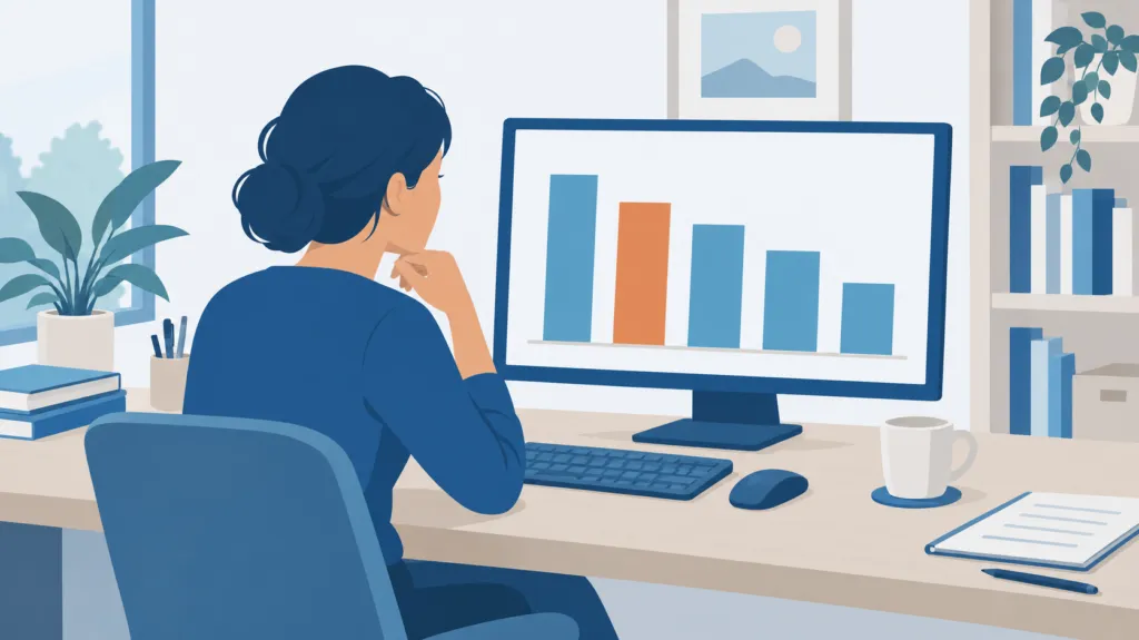 Flat illustration of a business owner at a desk studying a bar chart of AI model scores with one bar highlighted in orange