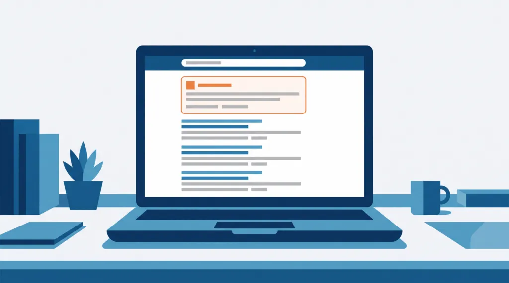Flat illustration of a laptop on a home office desk showing an AI answer panel above a list of search results