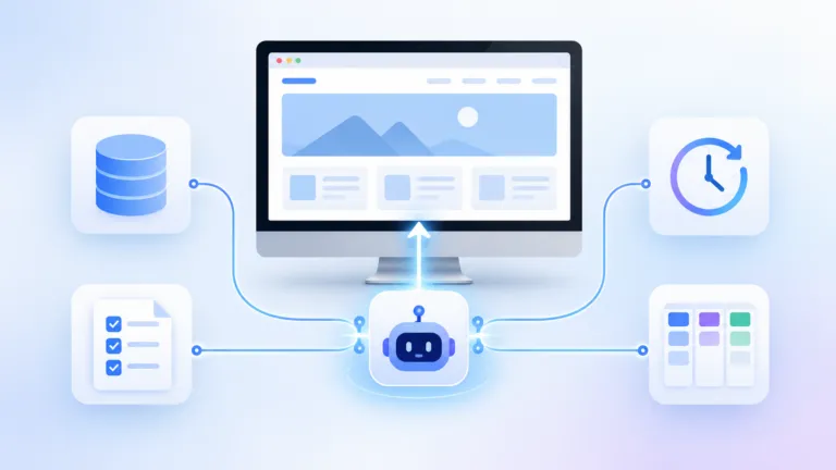 AI website automation system connecting a knowledge base, skills, scheduled routines, and work log to a self-running website