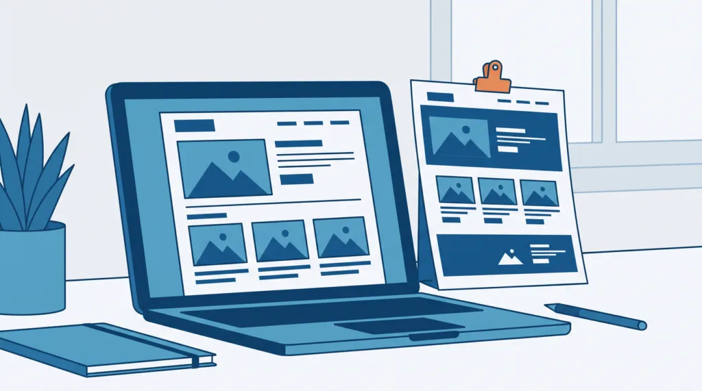 Flat illustration of a laptop on a desk building a website design that matches a printed example propped beside it