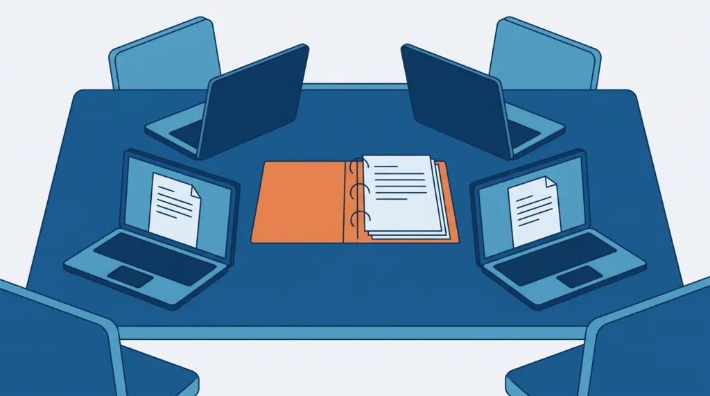 Flat illustration of four laptops around a shared table with one orange binder of documents in the middle