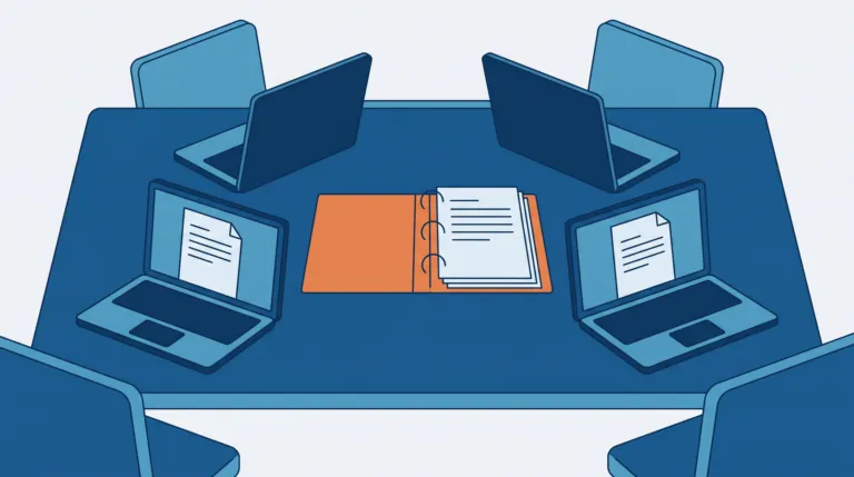 Flat illustration of four laptops around a shared table with one orange binder of documents in the middle
