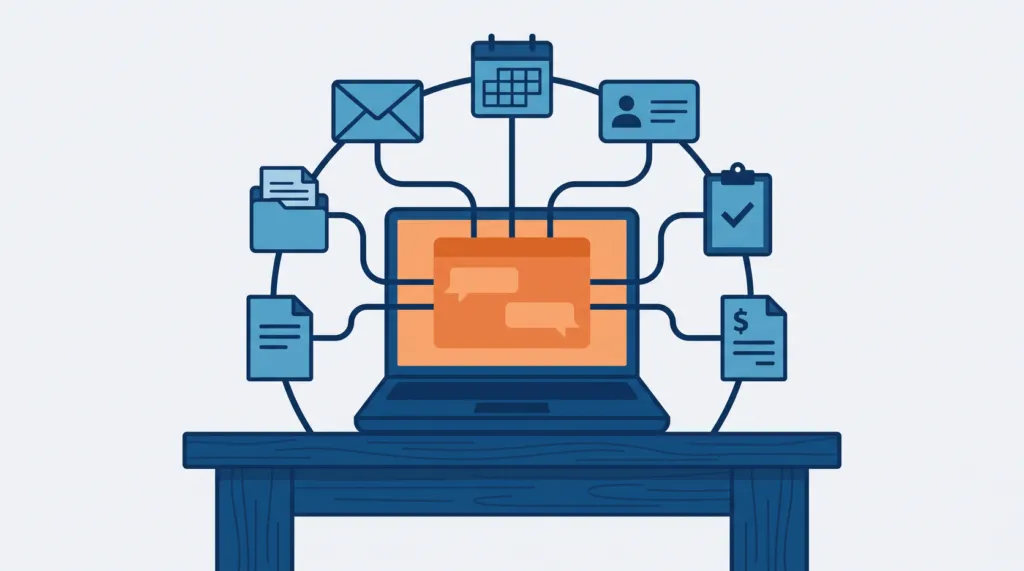 Flat illustration of a laptop with one chat window linked by lines to email, calendar, contact, task and ledger tiles
