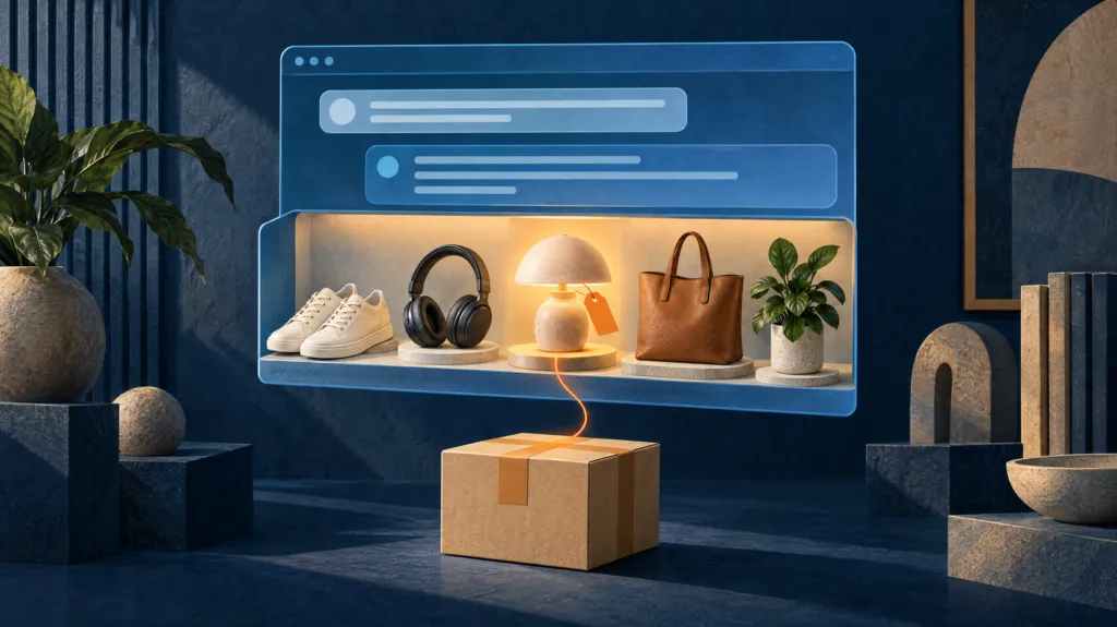 Illustration of an AI chat window holding a shelf of store products, one marked orange and linked to a shipping box
