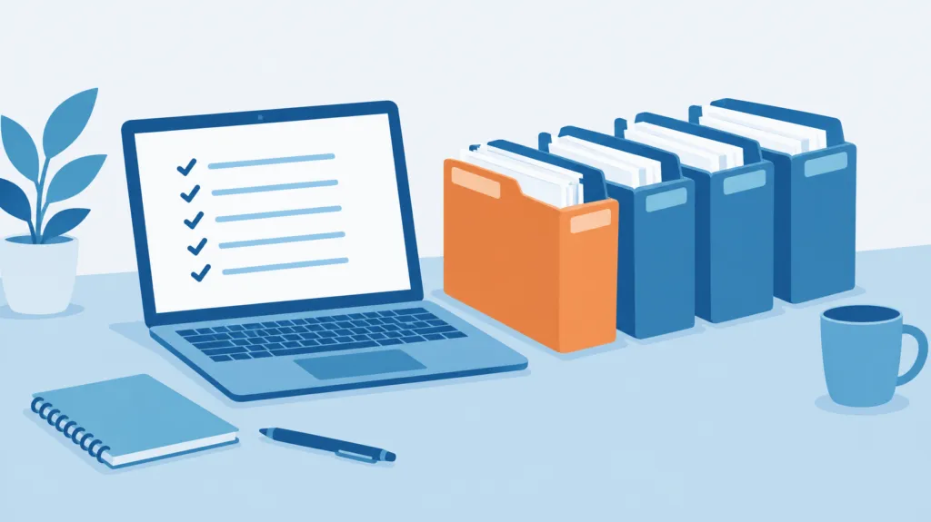Flat illustration of a laptop on a desk beside a row of matching client folders, one highlighted
