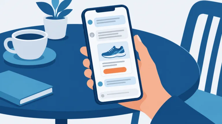 Flat illustration of a hand holding a phone with an AI chat showing running shoes and a buy button