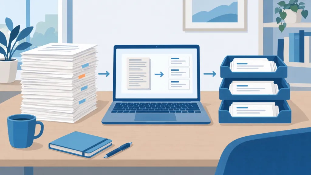 Flat illustration of a laptop on a home-office desk turning a pile of documents into short cards sorted into trays