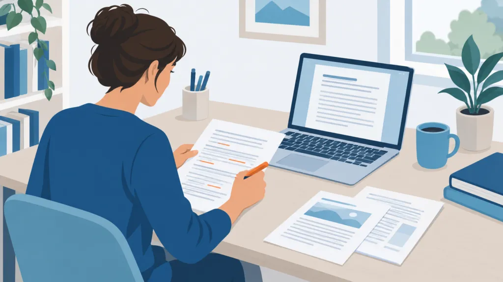 Flat illustration of a person at a home-office desk marking up a printed draft beside a laptop and source documents