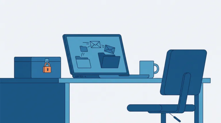Flat illustration of a laptop sorting files on its own at an empty home office desk, beside a padlocked box