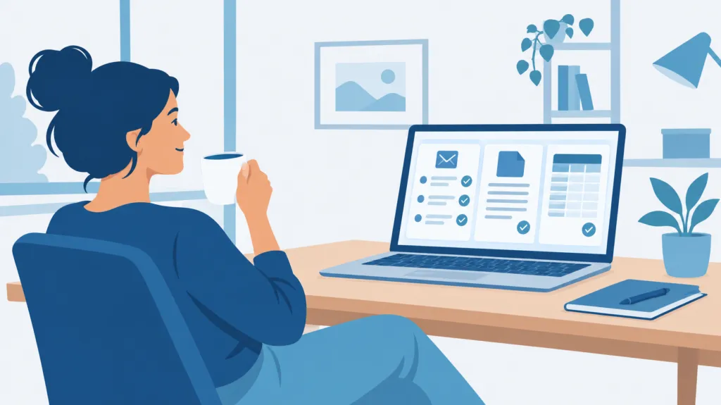 Woman with a coffee at a home-office desk watching her laptop finish email, a document and a spreadsheet