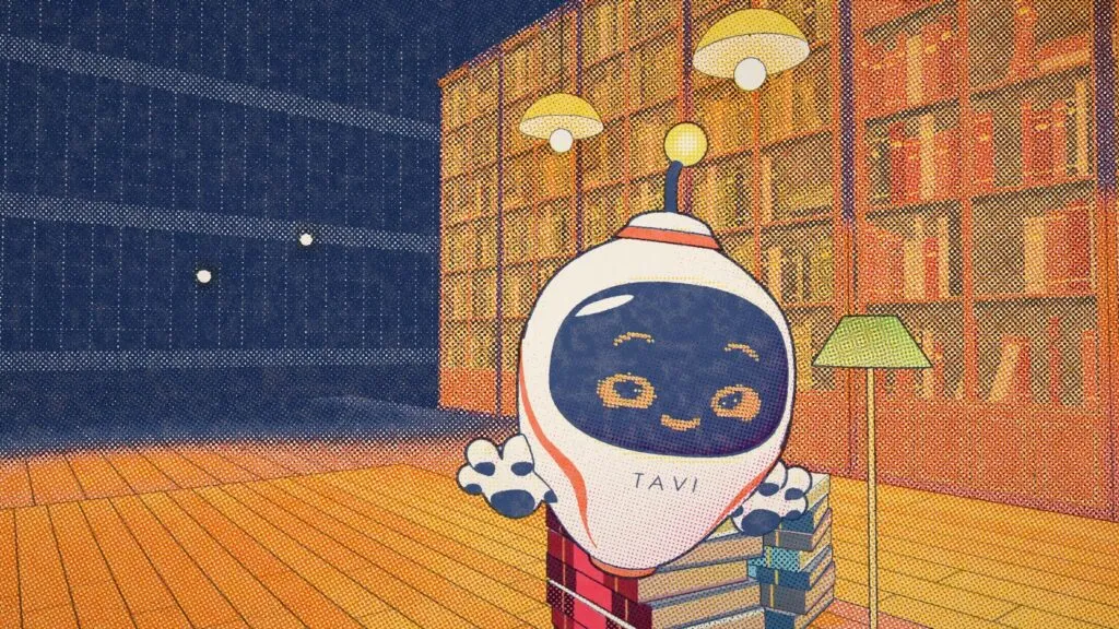 Tavi, the cartoon character from the music video, by a stack of books in a library printed in riso ink dots