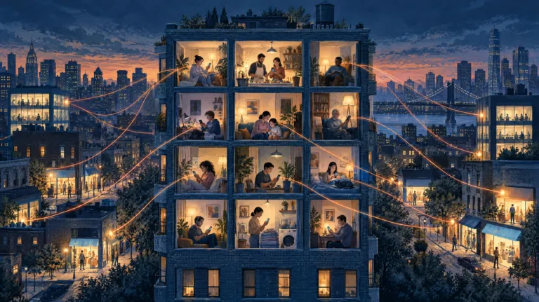 Illustration of an apartment building at dusk, people relaxing at home as orange threads run from their phones to shops