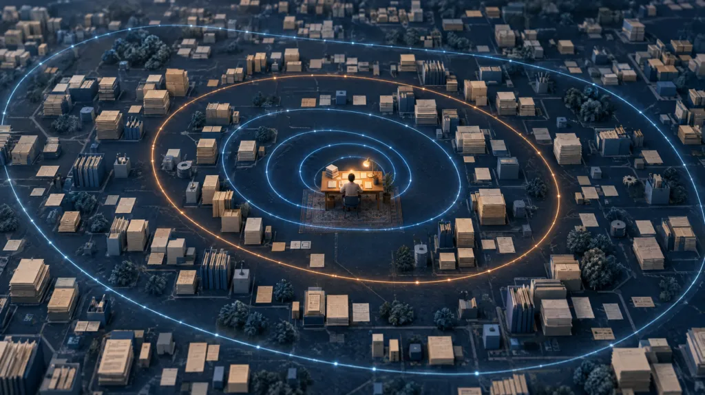 Illustration of glowing rings of growing reach around a lamp-lit worktable on a vast map of documents and files