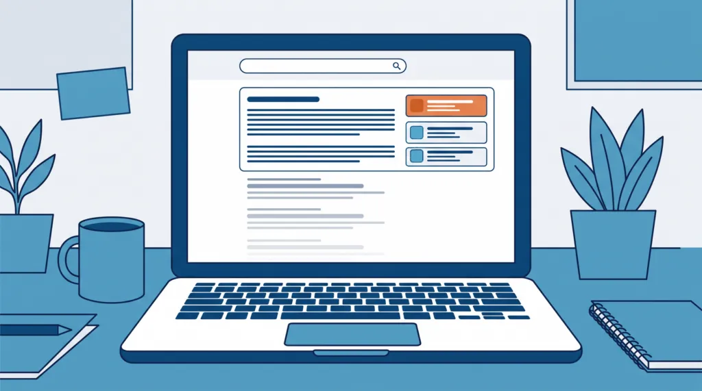 Flat illustration of a laptop on a desk showing an AI answer with website links at the top and faded results below