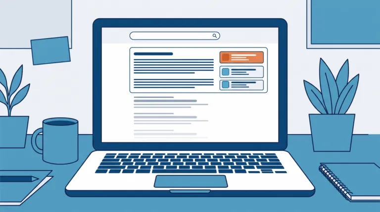 Flat illustration of a laptop on a desk showing an AI answer with website links at the top and faded results below