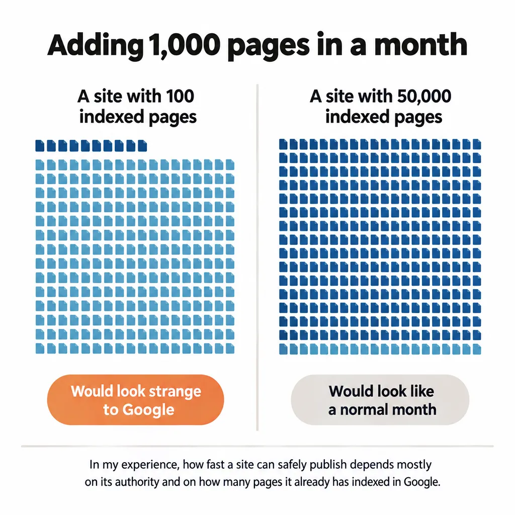 Comparison: 1,000 new pages in a month would look strange on a 100-page site and normal on a 50,000-page site