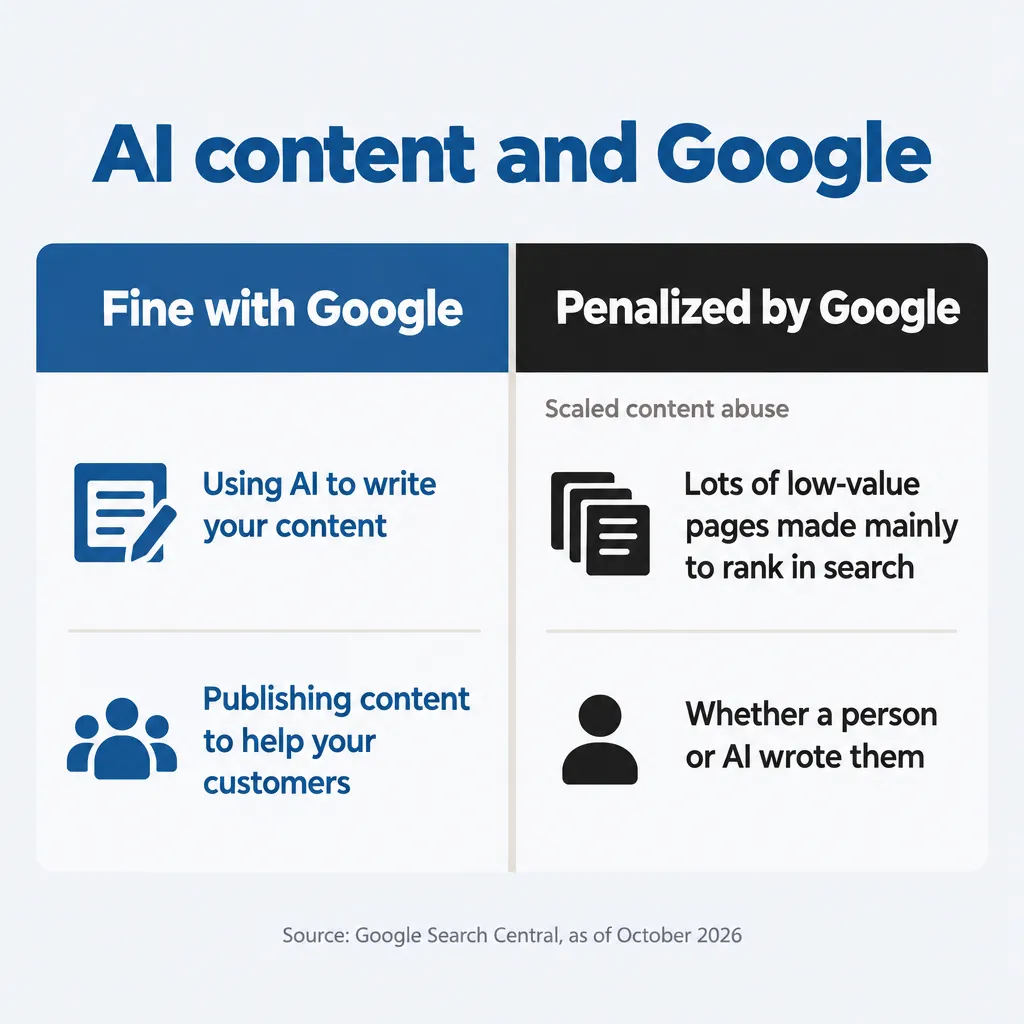 Comparison card: Google is fine with using AI to write content and penalizes low-value pages made mainly to rank