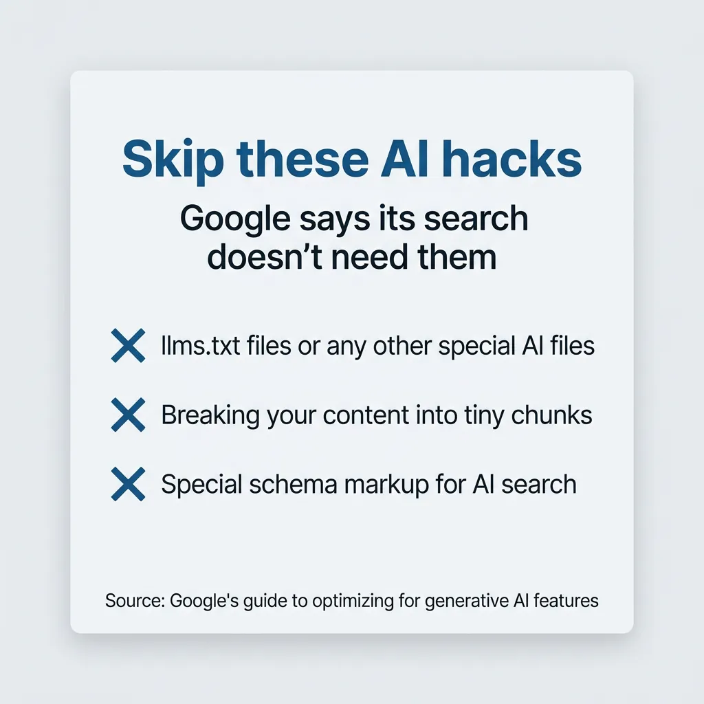 Card listing three AI hacks Google says its search doesn't need: llms.txt files, tiny content chunks, special schema