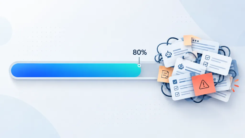 AI implementation challenges shown as a progress bar stuck at 80% because of bloated instructions and workflow complexity.
