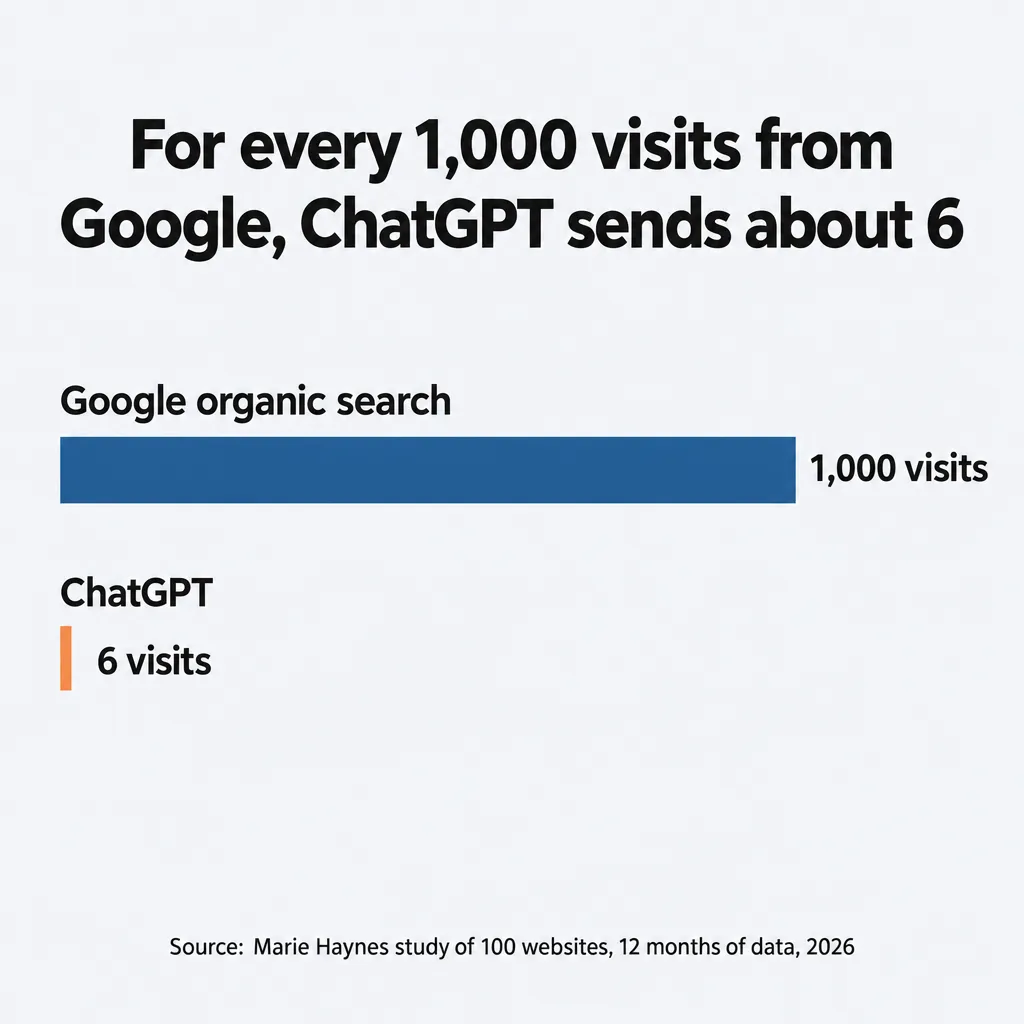 Bar chart: for every 1,000 visits from Google organic search, ChatGPT sends about 6 (Marie Haynes study, 2026)