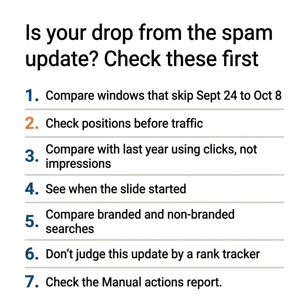 Checklist of seven checks, from comparing windows that skip the rollout to the Manual actions report