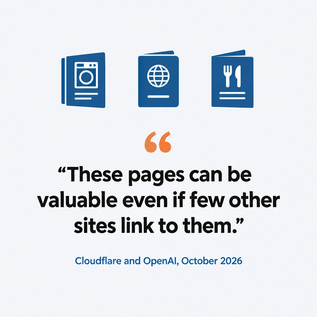 Quote card: These pages can be valuable even if few other sites link to them. Cloudflare and OpenAI, October 2026