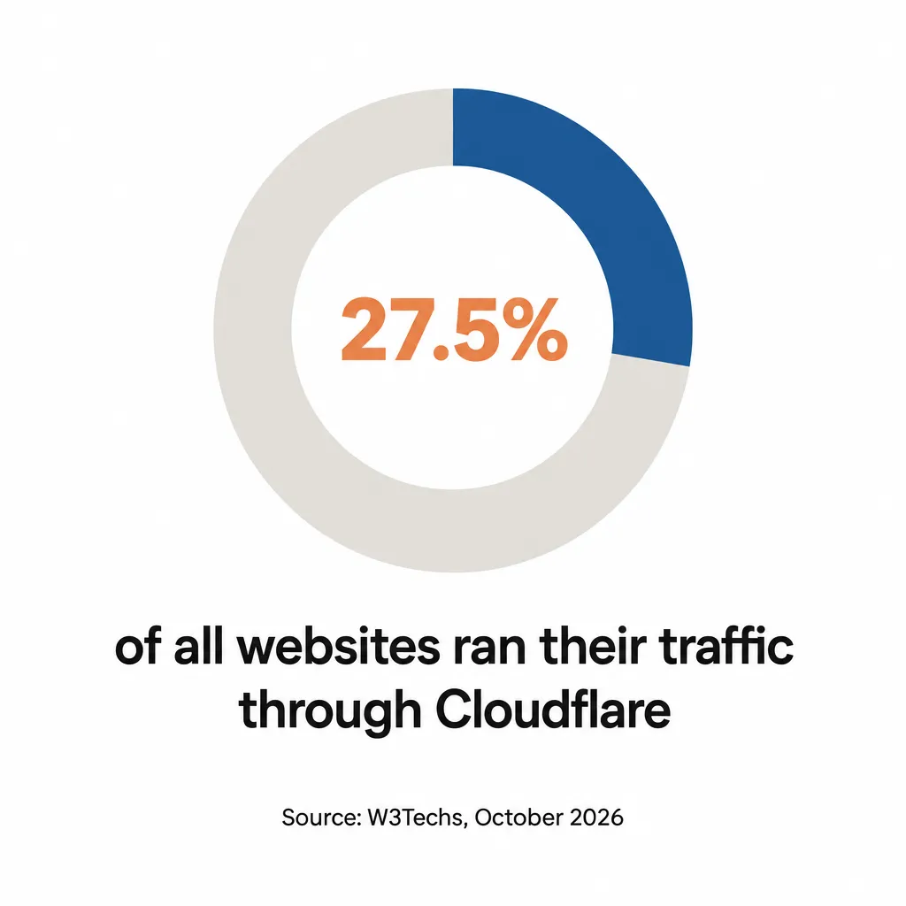 Donut chart: 27.5% of all websites ran their traffic through Cloudflare, per W3Techs, October 2026