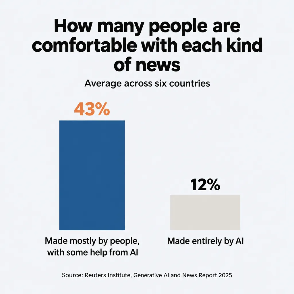 Bar chart: 43% are comfortable with news made mostly by people with AI help, 12% with news made entirely by AI (Reuters)
