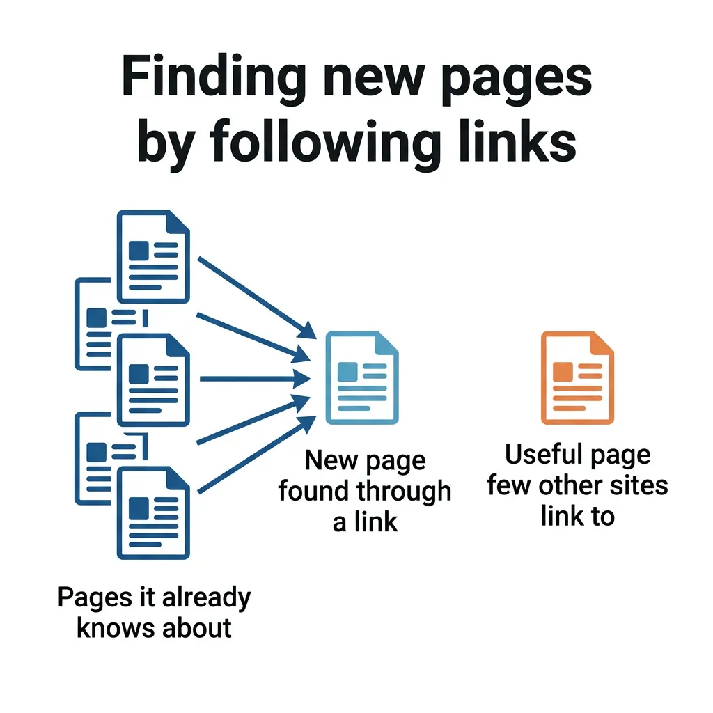 Diagram of known pages linking to a new page, while a useful page few other sites link to sits apart