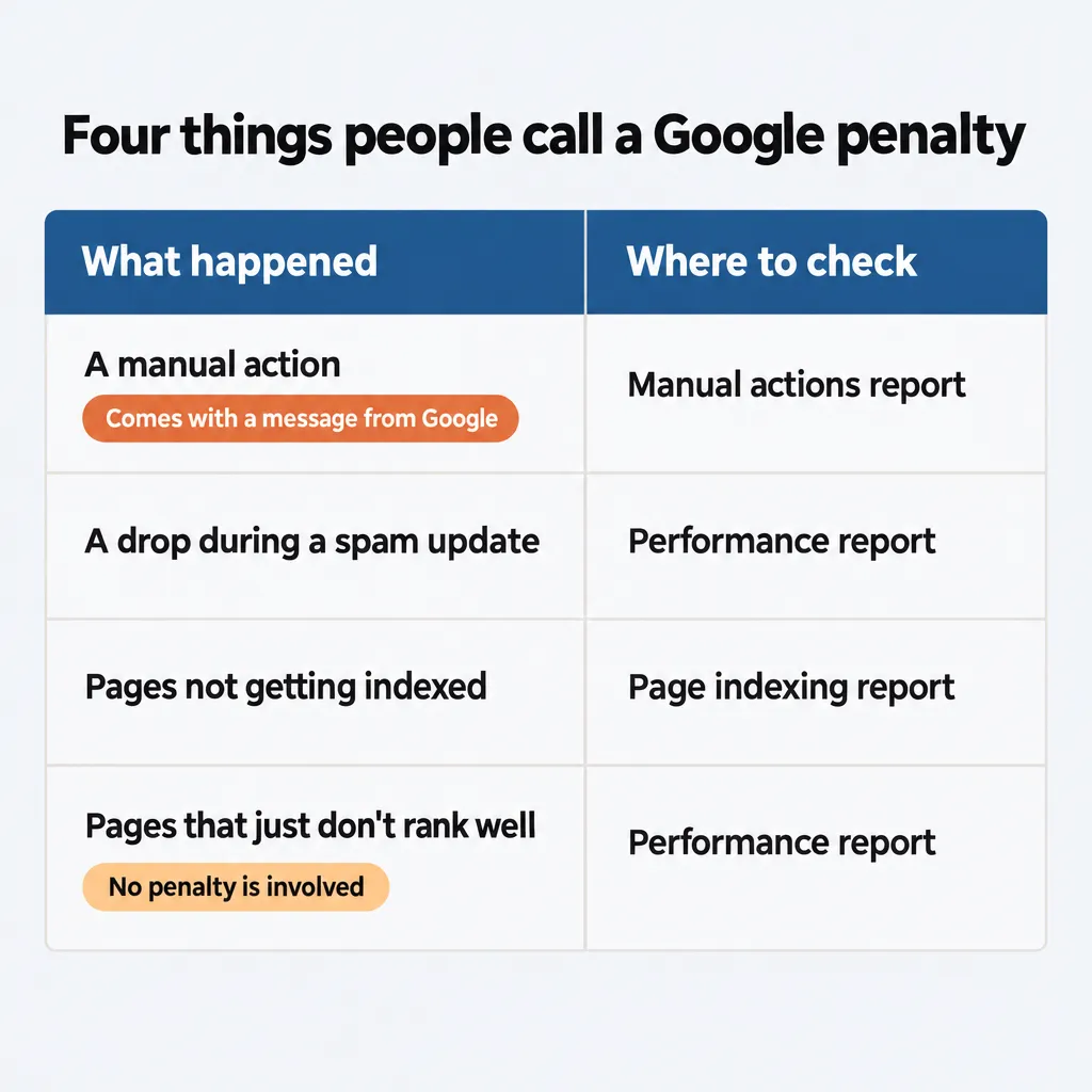 Table of four things people call a Google penalty and the Search Console report to check for each