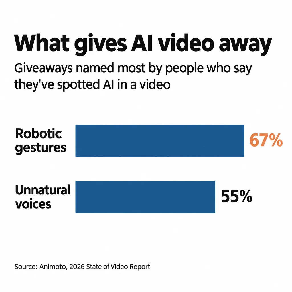 Bar chart: people who suspected AI in a video most often name robotic gestures (67%) and unnatural voices (55%) (Animoto)