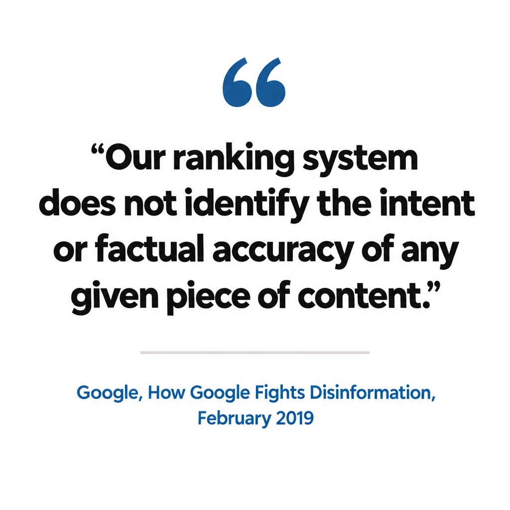 Quote card: Google's 2019 statement that its ranking system does not identify the factual accuracy of content