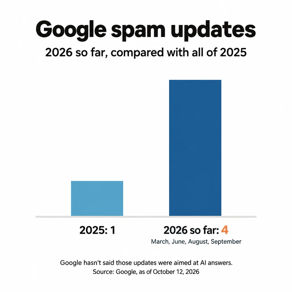 Bar chart of Google spam updates: one in 2025, four in 2026 so far (March, June, August, September)